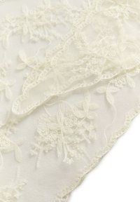 Vitt spetstyg med intrikata blommönster broderade med fint detaljarbete och vågiga kanter, som visar en öm och texturerad utseende.