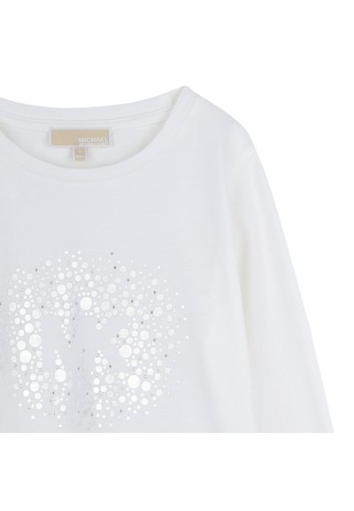 Λευκό βαμβακερό T-shirt με στρογγυλή λαιμόκοψη και μακριά μανίκια, διακοσμημένο με ασημένιο κυκλικό μοτίβο και γκλίτερ λεπτομέρειες.