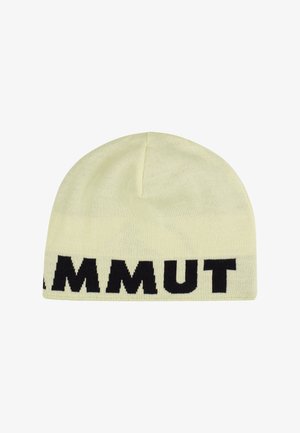 Lys gul strikket hue med delvis sort tekst "MAMMUT" synlig langs bunden.