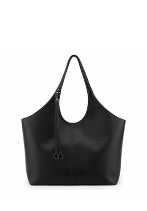 Black leather tote bag with a large open top, single shoulder strap, and decorative tassel with metal rings on front.