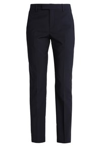 Marinblå skräddarsydda byxor i en texturerad tygkvalitet med rak benmodell, utrustade med bältesöglor och veck framtill.