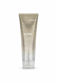 Joico Blonde Life Brightening Conditioner i en elegant silverrör med vit text, med en flip-top-locket och subtila böjda designaccent.