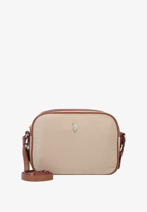 Beige rechthoekige crossbodytas met bruine biezen, verstelbare band en klein gouden embleem van een paard en ruiter aan de voorkant.