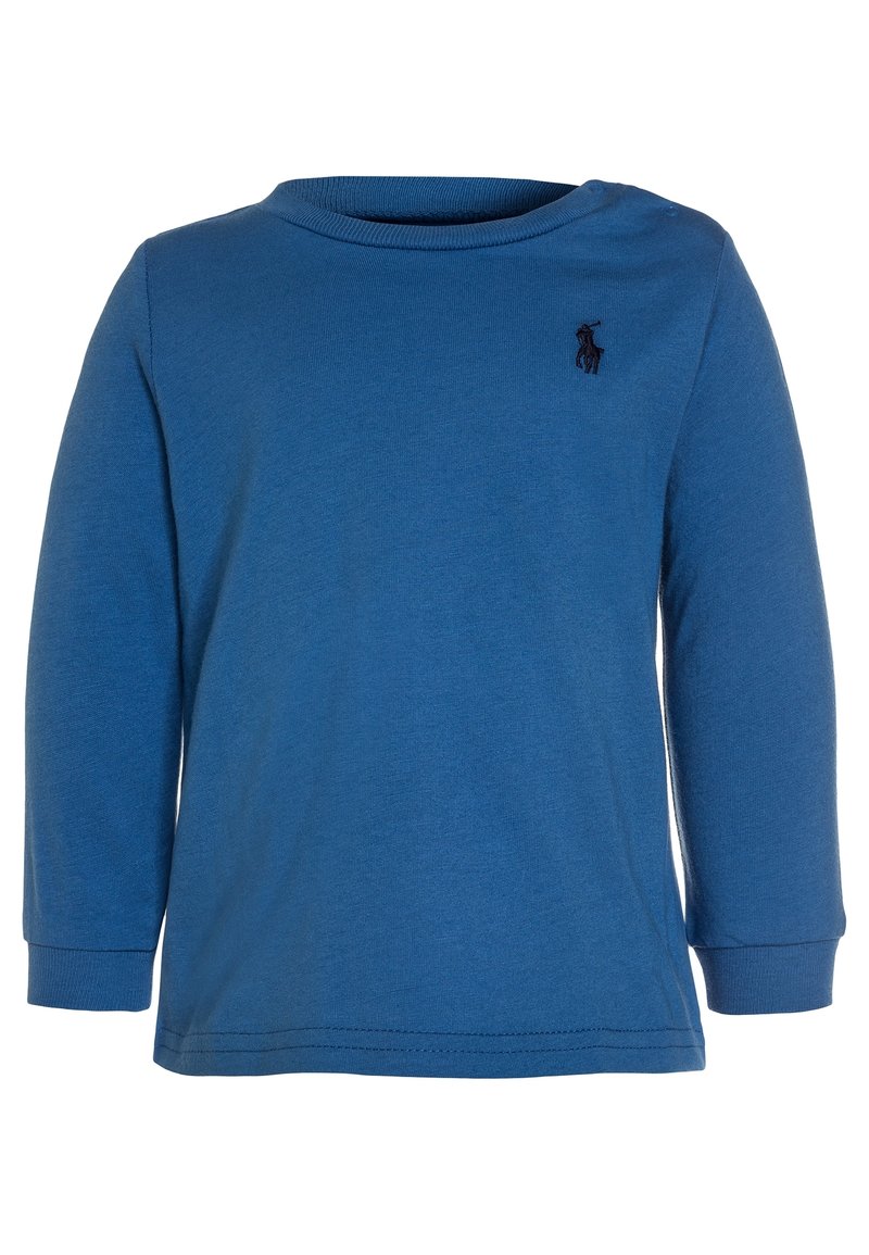 Blue long-sleeve shirt made of cotton with a crew neckline. Features a small, dark logo on the chest and ribbed cuffs.