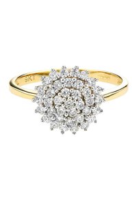 Bague en or ornée d'un éclat de plusieurs pierres précieuses rondes et transparentes serties sur des griffes argentées, créant un design floral.