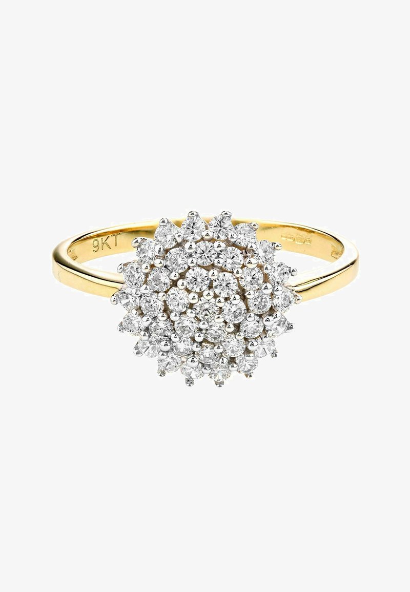 Anello d'oro con un'esplosione di molteplici gemme tonde trasparenti incastonate in griffe di tonalità argento, creando un design simile a un fiore.
