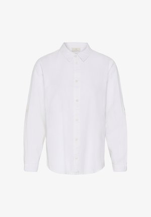 Cămașă albă cu mâneci lungi, nasturi pe partea din față, guler ascuțit și mansete cu nasturi.