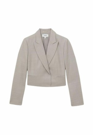 Blazer recortado gris claro hecho de tela texturizada. Presenta solapas con muescas, mangas largas y dos bolsillos frontales con aberturas delgadas.
