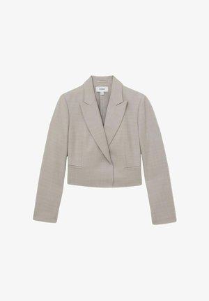 Ljusgrå kort blazer i texturerad tyg. Har slagkrage, långa ärmar och två framfickor med smala öppningar.