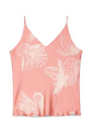 Camiseta sin mangas rosa con tirantes delgados y grandes estampados florales claros distribuidos por la tela.