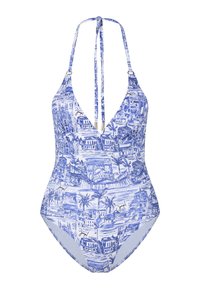 Maillot de bain une pièce bleu et blanc avec un décolleté en V profond, des bretelles halter et un motif de croquis tropical, mettant en avant des palmiers et des bâtiments.