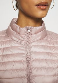 Light pink, quilted puffer jacket with a high collar and front zipper. Features smooth, shiny fabric and subtle stitching details.