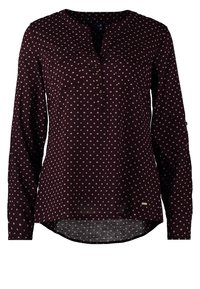 Blouse à manches longues violet foncé avec motif de cœur rose clair, col en V avec boutons et ourlet arrondi.
