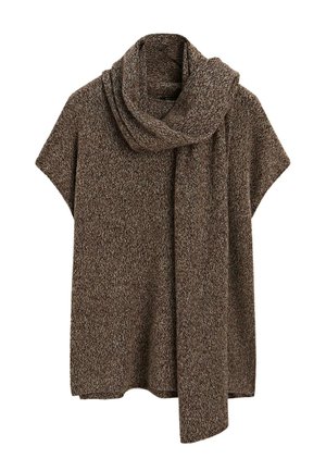 Poncho en tricot marbré brun et gris avec des manches courtes et une écharpe longue attachée drapée autour du cou.