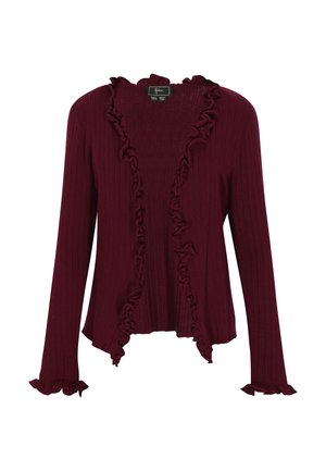 Burgundský žebrovaný kardigan s volánovými okraji, otevřeným předním designem, dlouhými rukávy a texturovanou tkaninou. Minimalistický design bez zapínání.
