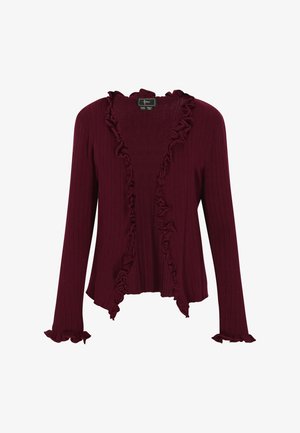 Burgundský žebrovaný kardigan s volánovými okraji, otevřeným předním designem, dlouhými rukávy a texturovanou tkaninou. Minimalistický design bez zapínání.