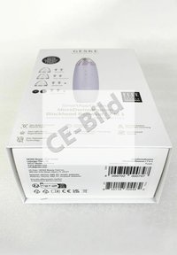 GESKE MicroDermabrasion Blackhead Remover 7-in-1 apparaat doos met productafbeelding, gevoeligheidsinstellingen, functies en certificeringsmerken.