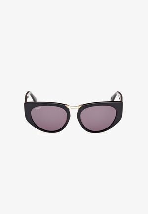 Cat-eye sunglasses with a black plastic frame, dark purple lenses, and gold accent at the bridge, featuring a smooth texture and bold shape.