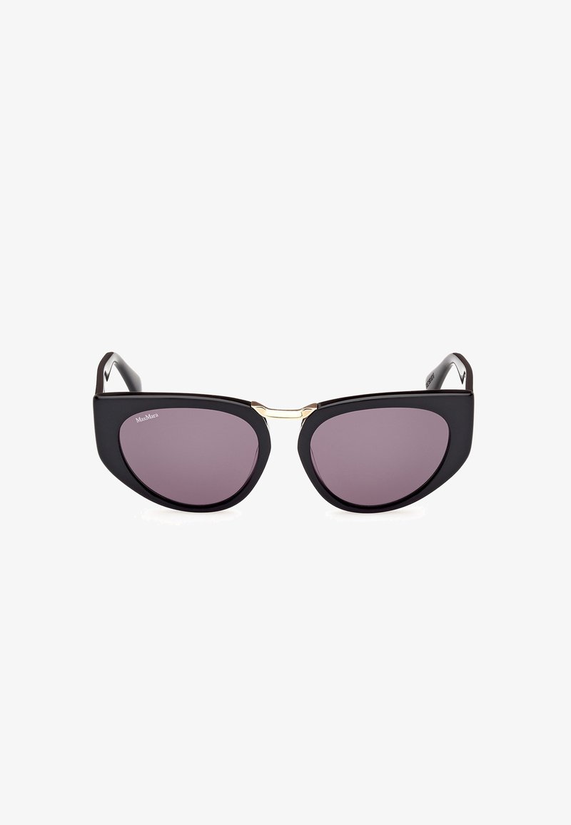 Cat-eye sunglasses with a black plastic frame, dark purple lenses, and gold accent at the bridge, featuring a smooth texture and bold shape.