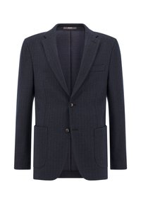 Mornarsko herringbone blazer iz teksturiranega blaga, ki vsebuje dva sprednja žepa, zareznice na ovratniku ter dva gumba. Oblikovan je v kroju, ki se prilega.