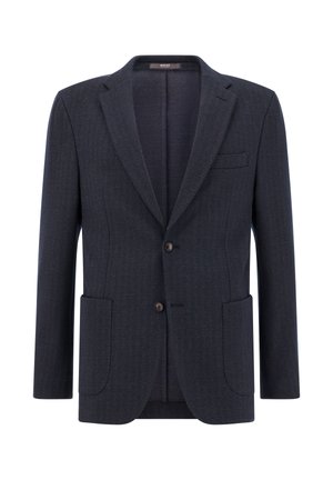 Granatowa marynarka w jodełkę wykonana z teksturowanej tkaniny, z dwoma przednimi kieszeniami, klapami na notches i dwoma guzikami. Design w dopasowanym fasonie.