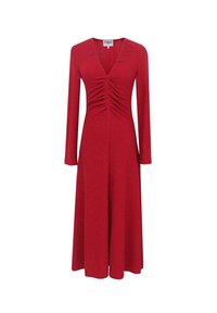 Rotes Langarmkleid mit tiefem V-Ausschnitt und gerafften Details an der Brust. Hergestellt aus einem strukturierten, schimmernden Stoff; A-Linien-Silhouette.