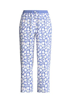 Blauwe broek met trekkoord, wit en pastel schelp- en koraalpatroon, rechte pijpen, elastische tailleband.