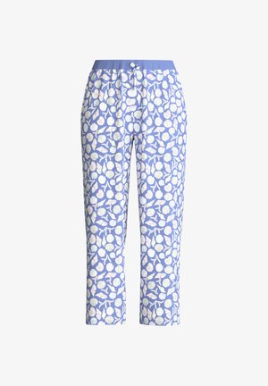 Blue drawstring pants with white and pastel seashell and coral pattern, straight-leg, elastic waistband.