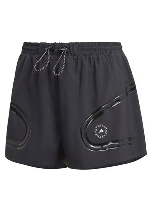 Pantaloni sportivi neri con vita elastica, cordoncino e accenti curva riflettenti; presenta un logo circolare sul lato.