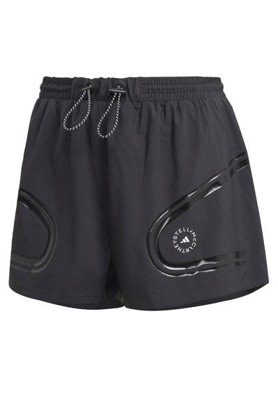 Pantaloni sportivi neri con vita elastica, cordoncino e accenti curva riflettenti; presenta un logo circolare sul lato.