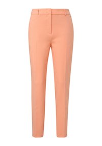 Light peach trousers made of smooth fabric, featuring a slim fit, flat front, and side pockets. Tailored design, no visible patterns.
