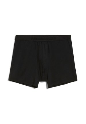 Schwarze Boxershorts aus weichem Stoff, mit einem elastischen Bund und eingeprägtem Branding. Einfaches, klassisches Design ohne Muster.