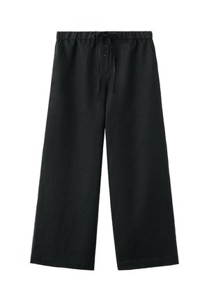 Zwarte broek met wijde pijpen, elastische tailleband, knopen aan de voorkant en een trekkoord, ontworpen voor een comfortabele pasvorm.