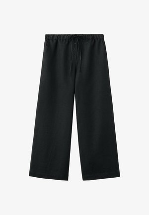 Pantaloni neri a gamba larga con vita elasticizzata, bottoni frontali e coulisse, progettati per una vestibilità rilassata.