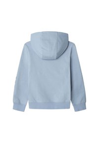 Felpa in cotone azzurro chiaro con tasca frontale a marsupio, maniche lunghe e orlo aderente. Presenta un cappuccio doublato e polsini a costine.