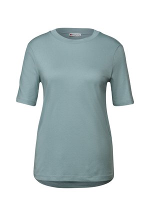 Lichtblauw kortelijf t-shirt gemaakt van zachte katoen. Heeft een ronde halslijn en een ontspannen pasvorm met een licht gebogen zoom. Eenvoudig ontwerp.