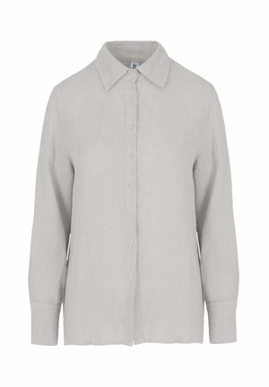 Jasnoszara koszula z długim rękawem zapinana na guziki, z kołnierzykiem i mankietami, wykonana z miękkiego, fakturowanego materiału.