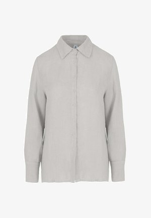 Hellgraues langärmeliges Hemd mit Knöpfen, Kragen und Manschetten, aus einem weichen, strukturierten Stoff gefertigt.