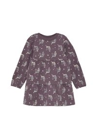 Langes lila Kleid mit schichtartigem Design, verziert mit pastellfarbenen Einhorn- und Sternmustern. Hergestellt aus weichem, dehnbarem Stoff.