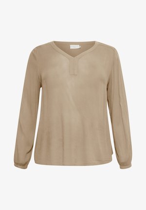 Bluză bej cu mâneci lungi, decolteu în V și croială lejeră. Fabricată dintr-un material ușor, cu o textură subtilă. Prezintă manșete pliate.