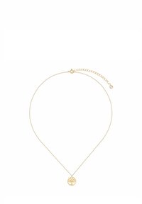 Złoty naszyjnik z okrągłym wisiorkiem z motywem drzewa, przymocowany do cienkiego łańcuszka z regulowanym zapięciem i przedłużeniem.