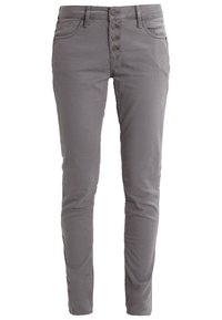 Vaqueros ajustados de mezcla de algodón en gris con cintura alta, cierre de cinco botones y bolsillos delanteros. Textura suave con un ligero elasticidad.