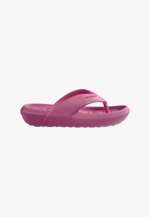 Lys pink gummisandal med bred rem og tåsplit, tekstureret fodseng og tyk polstret sål.