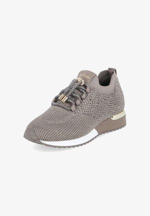 Knit-texture taupe sneaker with glitter accents, lace-up front with metallic tips, and white sole with gold detail on heel.