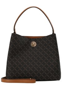 Black handbag with a monogram pattern, featuring a gold hardware logo, brown leather accents, a top handle, and a detachable shoulder strap.