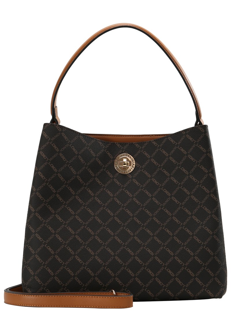 Black handbag with a monogram pattern, featuring a gold hardware logo, brown leather accents, a top handle, and a detachable shoulder strap.