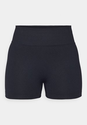 Calças atléticas altas pretas, feitas de um tecido elástico. Apresenta uma textura suave e linhas limpas com um design simples.