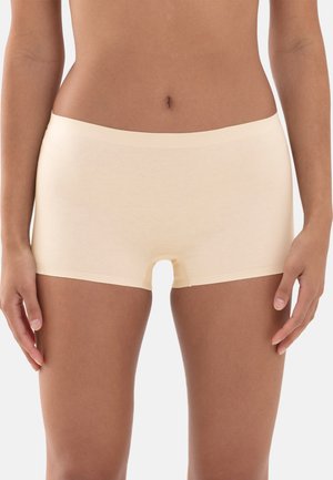 Beige Baumwoll-Hipster mit einer weichen, glatten Textur, ausgestattet mit einem breiten elastischen Bund und einem kleinen Ausschnitt an der Vorderseite.