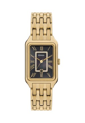 Orologio da polso rettangolare Fossil color oro con quadrante nero, numeri romani, rettangolo interno tempestato di cristalli e indicazione della data alle ore 6.