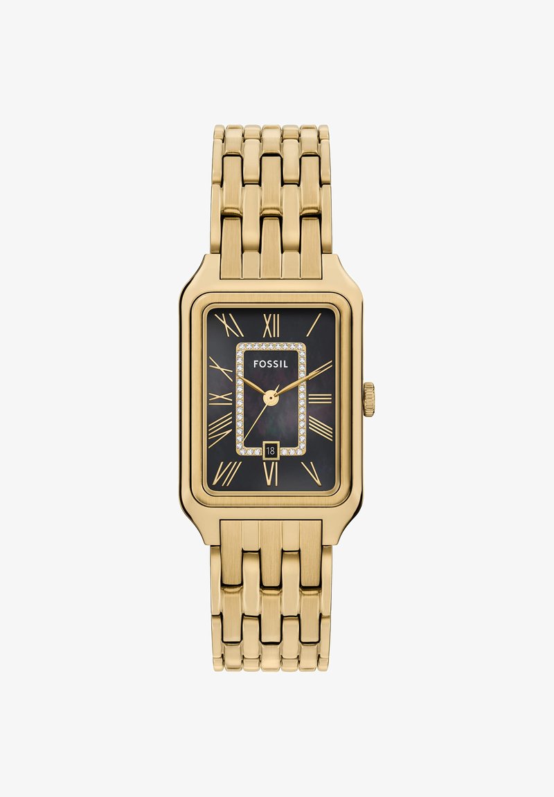 Montre-bracelet rectangulaire Fossil dorée avec cadran noir, chiffres romains, rectangle intérieur orné de cristaux et affichage de la date à 6 heures.